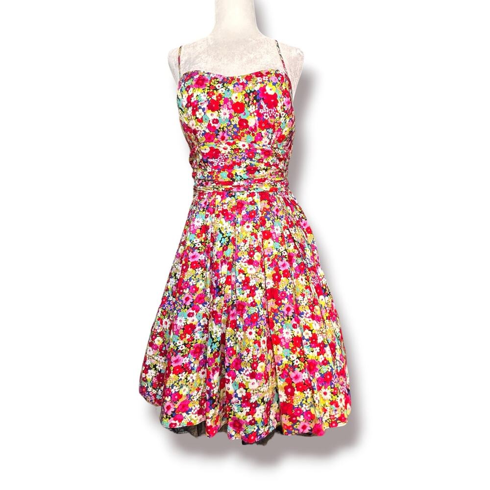 Y2K B Darlin Bright Floral Fit And Flare Garden Party Dress Rayon Romantic Mini